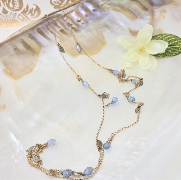 Sky Blue quartz circle 18k gold filled rondelle chain bohemian leaf necklace - Picture 4 of 5